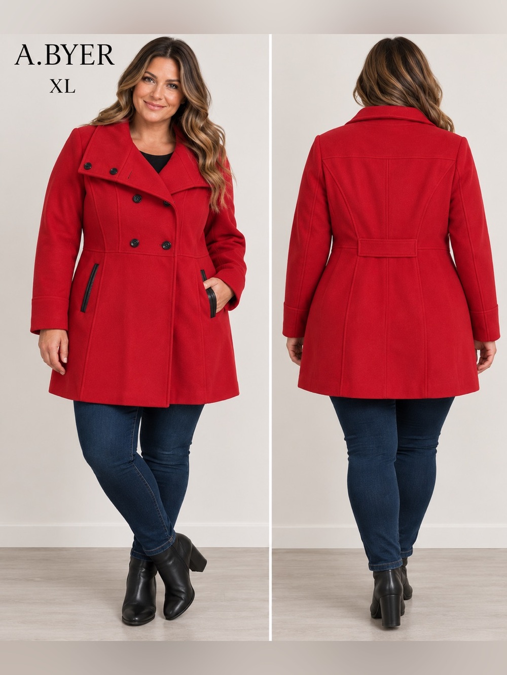 A. Byer Red Double Breasted Peacoat Jacket Faux Leather Trim Stand Collar XL